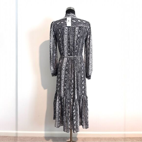 NWT Michael Kors XS Snakeskin Print Midi Dress Tie Neck Belted Ruffle Hem - Picture 6 of 8